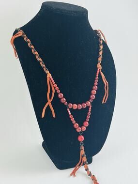 Annie Costello Brown necklace Orange Suede Leather Beaded Twisted Lariat Y Drop